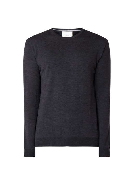 Profuomo Fijngebreide pullover van wol met ronde hals - voorkant 3 antraciet