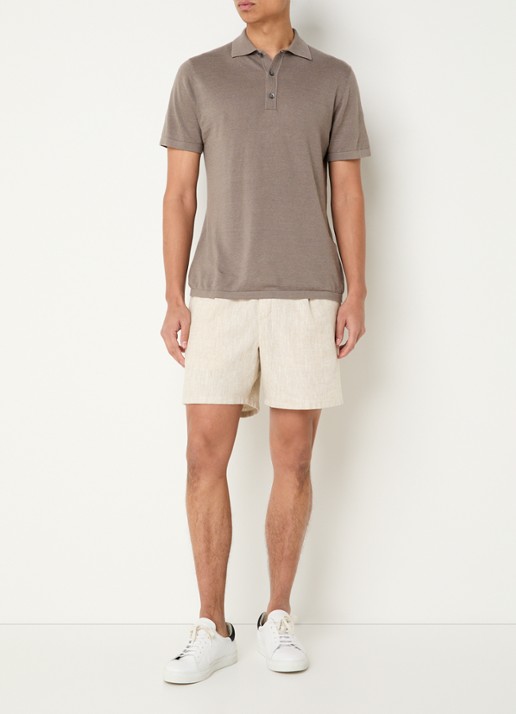 Profuomo Fijngebreide regular fit polo in linnenblend - voorkant 3 lichtbruin