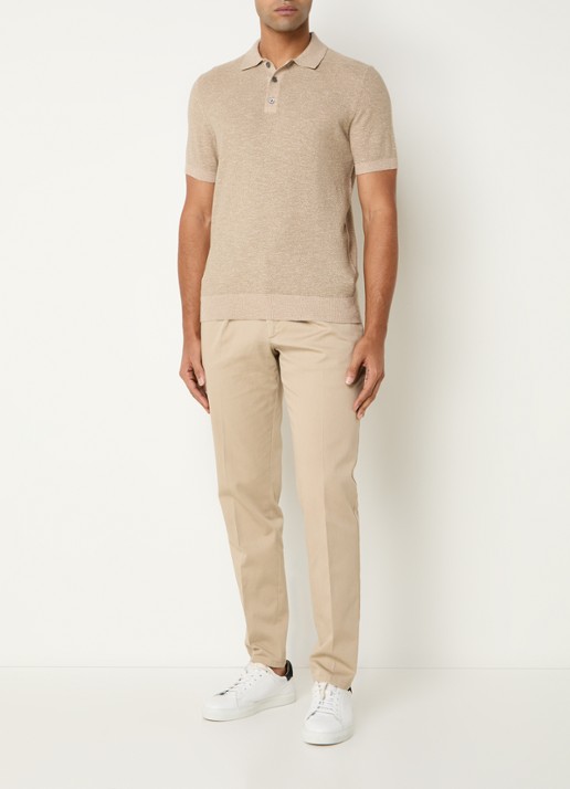 Profuomo Fijngebreide slim fit polo in linnenblend  - voorkant 3 beige