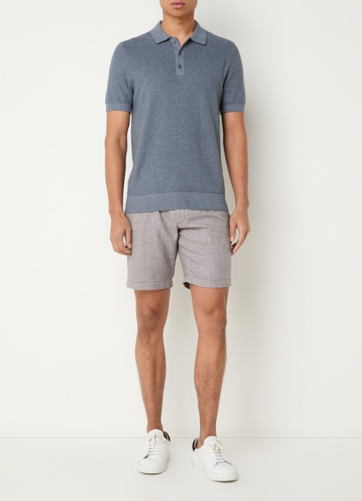 Profuomo Fijngebreide slim fit polo in linnenblend  - voorkant 4 blauw