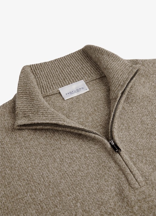 Profuomo Fijngebreide trui in wolblend met halve rits - detail 4 beige