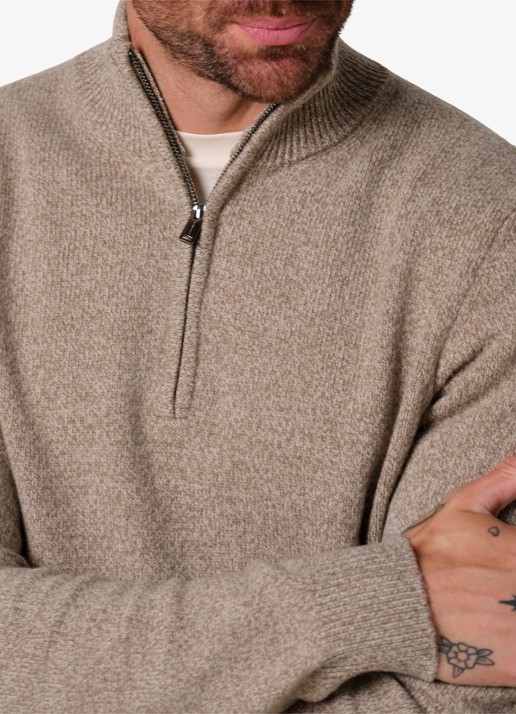 Profuomo Fijngebreide trui in wolblend met halve rits - detail 5 beige