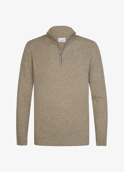 Profuomo Fijngebreide trui in wolblend met halve rits - voorkant beige
