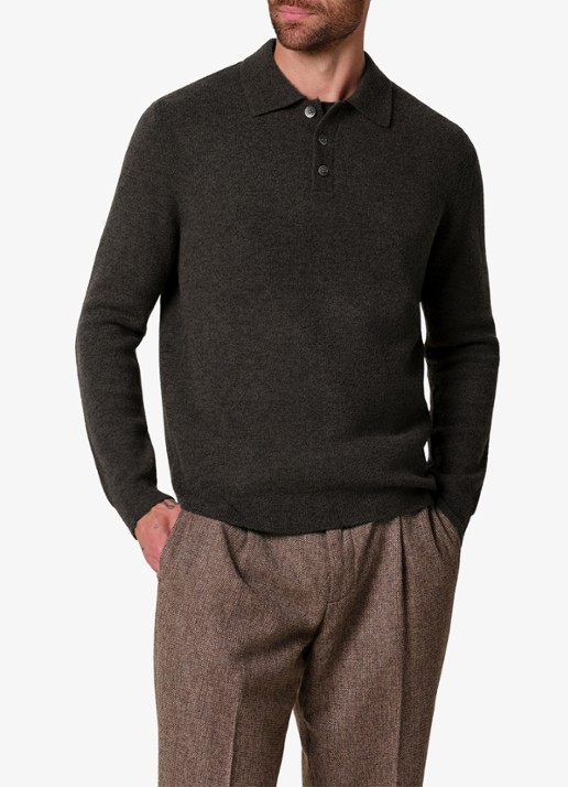 Profuomo Fijngebreide trui in wolblend met polokraag - detail donkerbruin