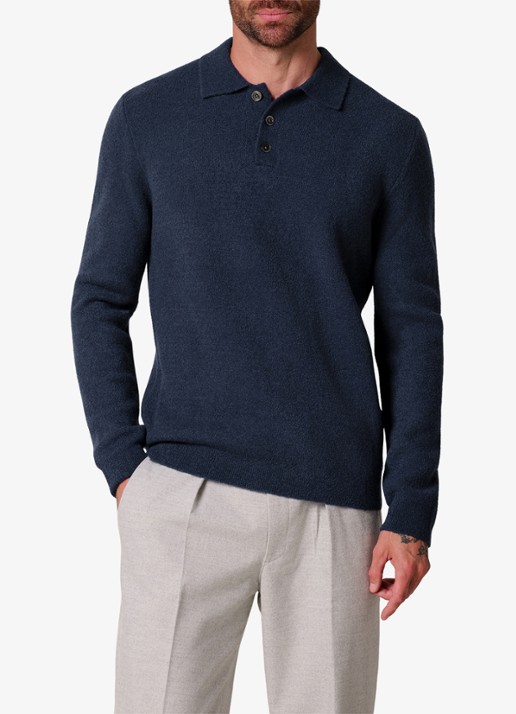 Profuomo Fijngebreide trui in wolblend met polokraag - detail blauw