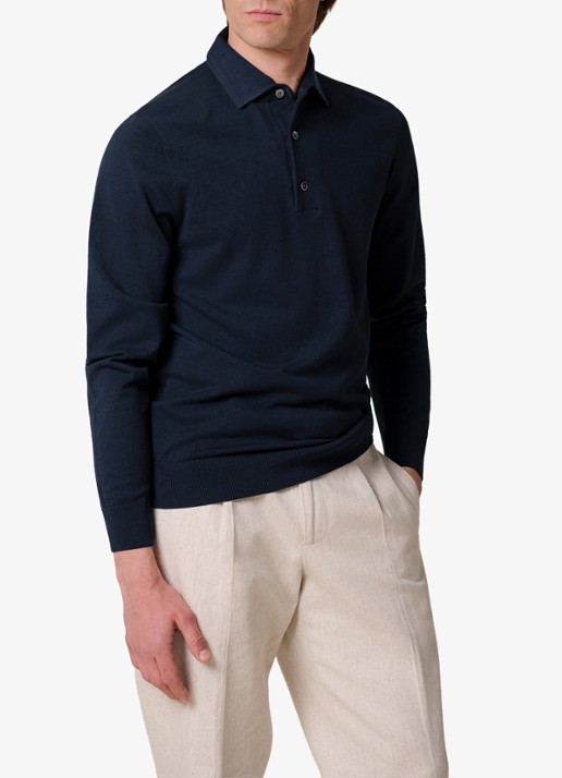 Profuomo Fijngebreide trui in zijdeblend met polokraag - detail 4 donkerblauw