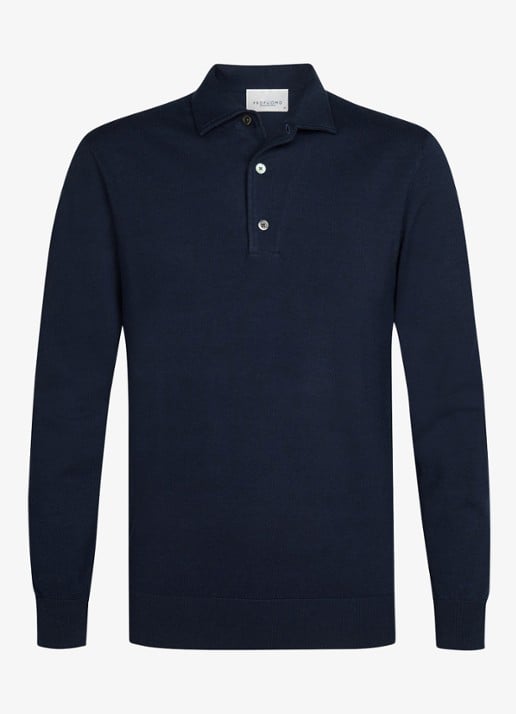 Profuomo Fijngebreide trui in zijdeblend met polokraag - voorkant donkerblauw