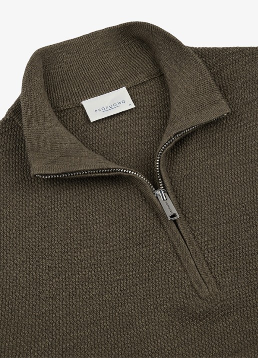 Profuomo Fijngebreide trui met halve rits - detail 5 bruin