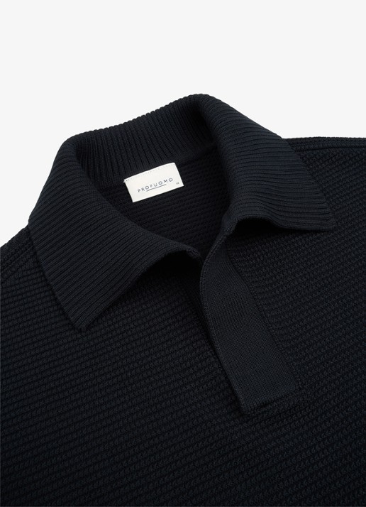 Profuomo Fijngebreide trui met kraag - detail 4 donkerblauw