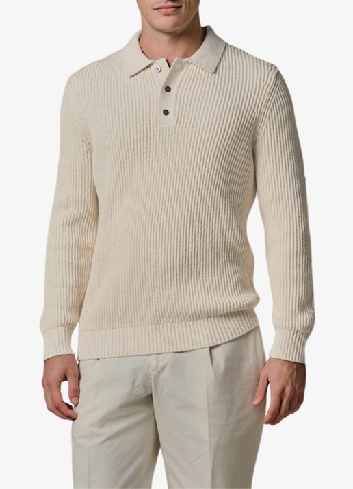 Profuomo Fijngebreide trui met polo kraag - detail 3 gebroken wit