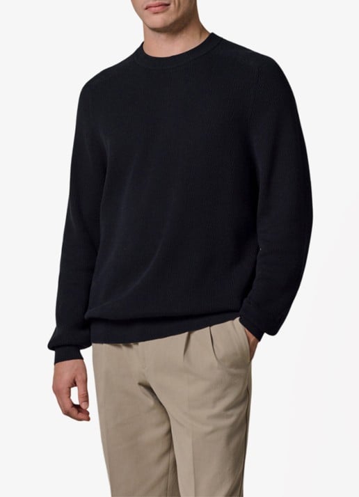 Profuomo Fijngebreide trui met ribstructuur - detail 4 donkerblauw