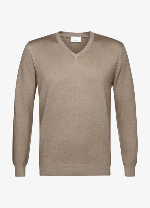 Profuomo Fijngebreide trui van merinowol met V-hals - voorkant beige