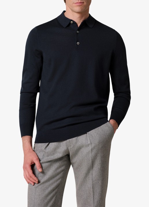 Profuomo Fijngebreide trui van wol met polokraag - detail donkerblauw