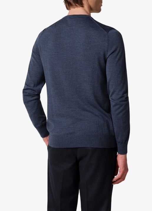 Profuomo Fijngebreide trui van wol met ronde hals - achterkant 6 donkerblauw