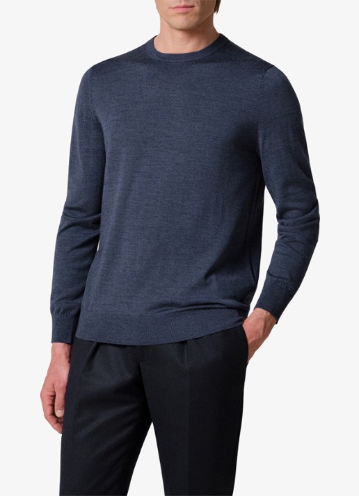 Profuomo Fijngebreide trui van wol met ronde hals - detail 3 donkerblauw