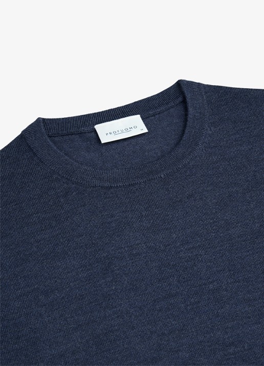 Profuomo Fijngebreide trui van wol met ronde hals - detail 4 donkerblauw