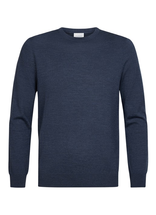 Profuomo Fijngebreide trui van wol met ronde hals - voorkant donkerblauw
