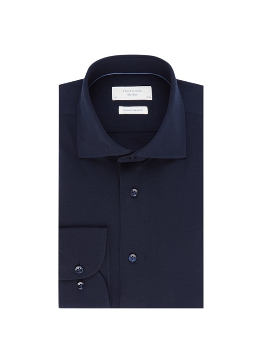 Profuomo Knitted slim fit jersey overhemd van katoen - voorkant blauw