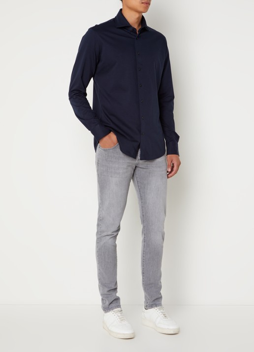 Profuomo Knitted slim fit overhemd met stretch  - voorkant 6 donkerblauw