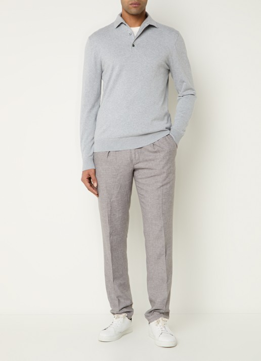 Profuomo Luxury fijngebreide regular fit polo  - voorkant 3 lichtgrijs
