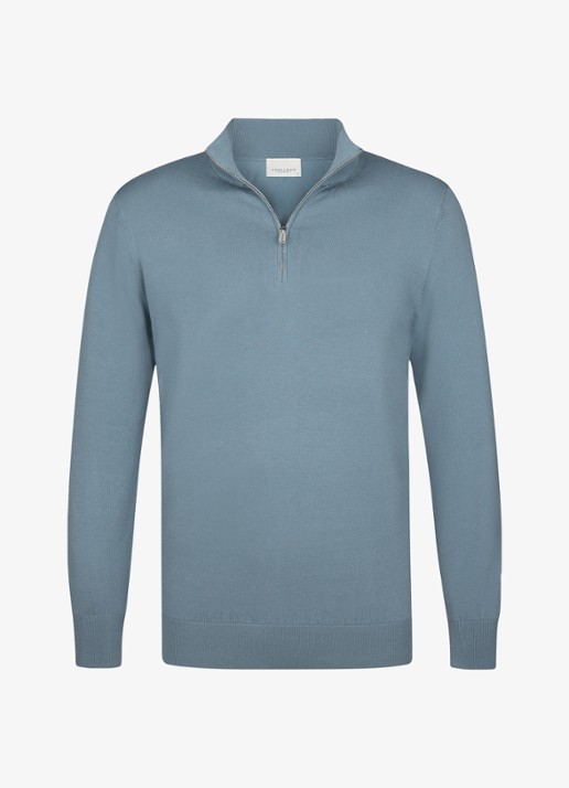 Profuomo Luxury fijngebreide trui met halve rits - voorkant blauwgrijs