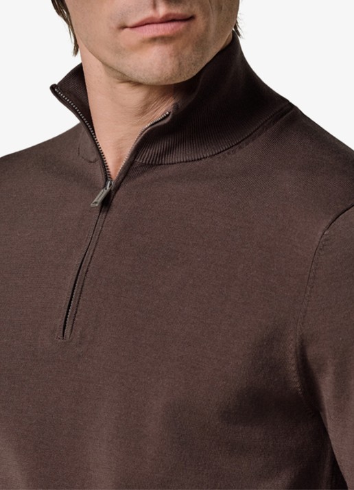 Profuomo Luxury fijngebreide trui met halve rits - detail 5 bruin