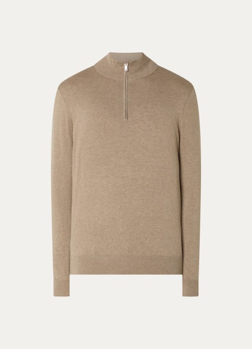 Profuomo Luxury fijngebreide trui  met halve rits - voorkant 2 beige