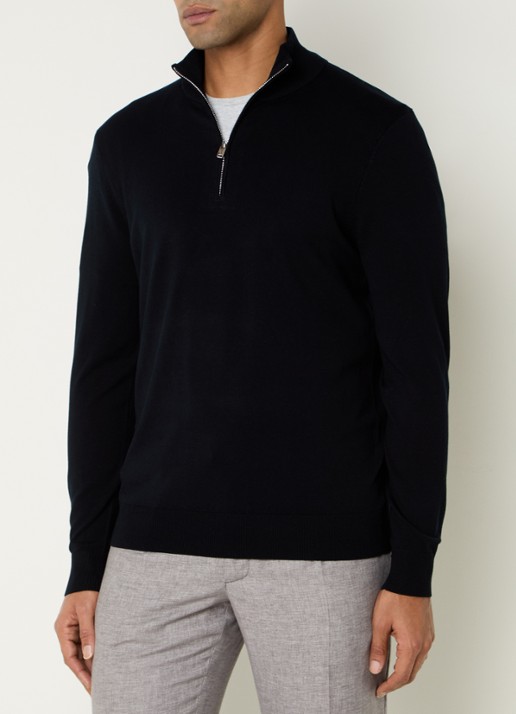 Profuomo Luxury fijngebreide trui  met halve rits - detail blauw