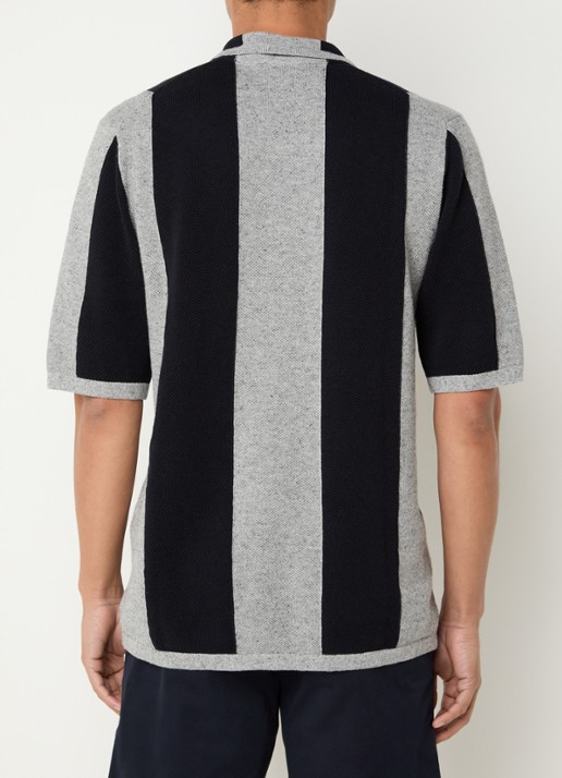 Profuomo Regular fit fijngebreide polo in linnenblend met streepprint - achterkant donkerblauw