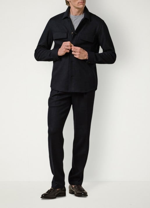 Profuomo Regular fit overshirt in wolblend met klepzakken - voorkant 2 donkerblauw