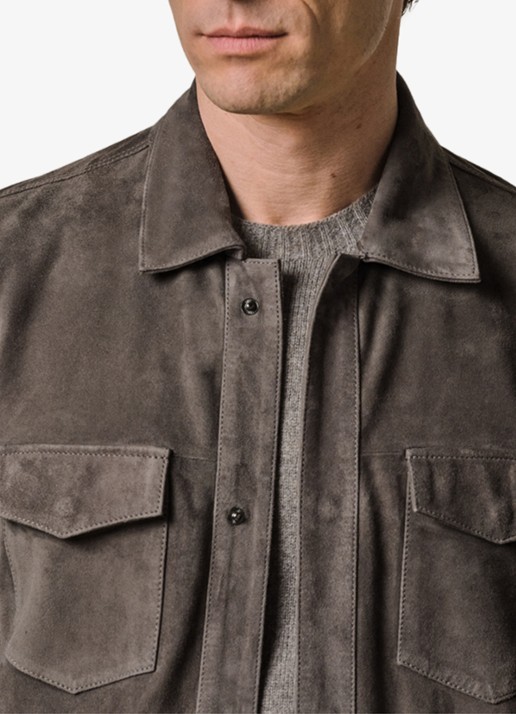 Profuomo Regular fit overshirt van suède met borstzakken - detail 2 taupe