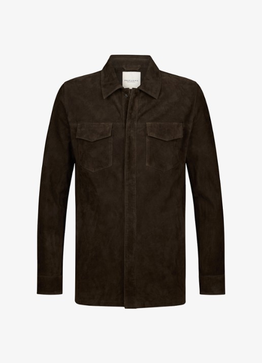 Profuomo Regular fit overshirt van suède - voorkant 4 donkerbruin