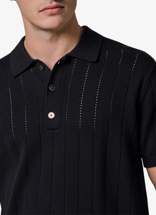 Profuomo Regular fit polo met opengewerkt dessin - detail 2 donkerblauw