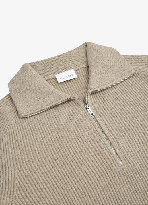 Profuomo Ribgebreide trui van wol met halve rits - detail 4 beige