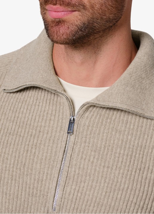 Profuomo Ribgebreide trui van wol met halve rits - detail 5 beige