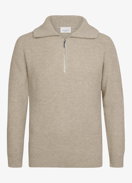 Profuomo Ribgebreide trui van wol met halve rits - voorkant beige