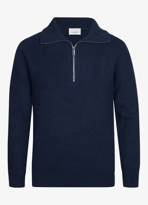 Profuomo Ribgebreide trui van wol met halve rits - voorkant 4 beige