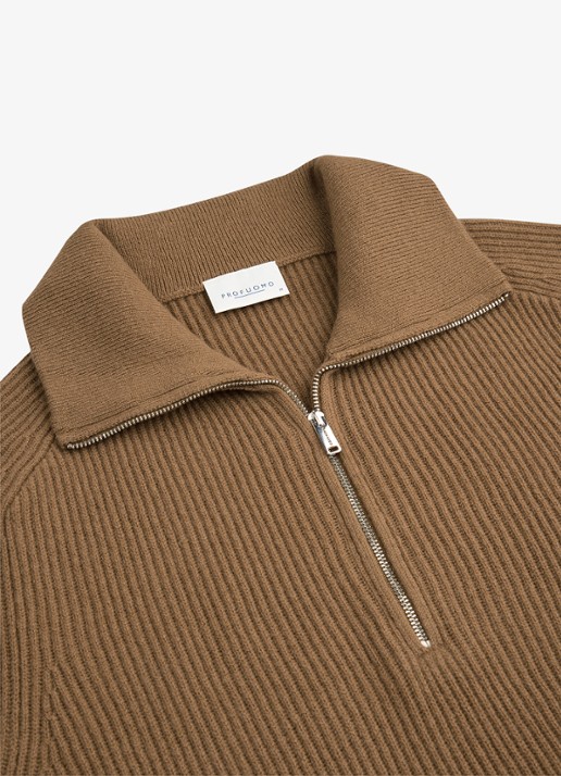 Profuomo Ribgebreide trui van wol met halve rits - detail 6 cognac