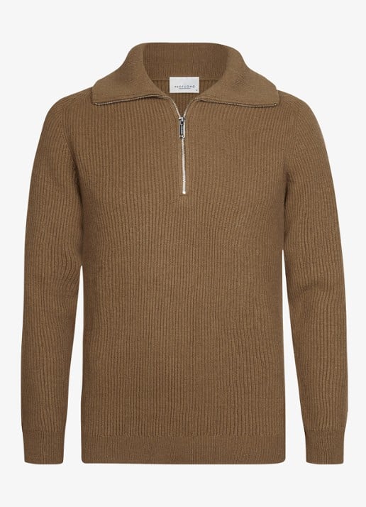 Profuomo Ribgebreide trui van wol met halve rits - voorkant cognac