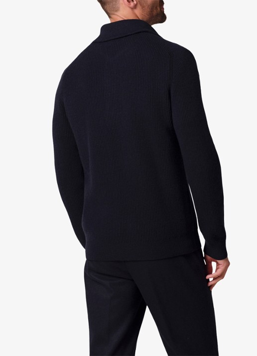 Profuomo Ribgebreide trui van wol met halve rits - achterkant 6 donkerblauw