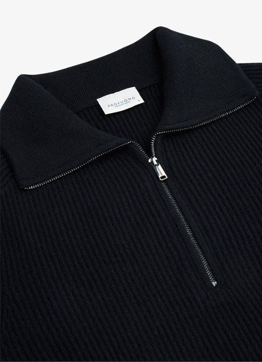 Profuomo Ribgebreide trui van wol met halve rits - detail 2 donkerblauw