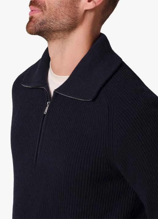 Profuomo Ribgebreide trui van wol met halve rits - detail 3 donkerblauw