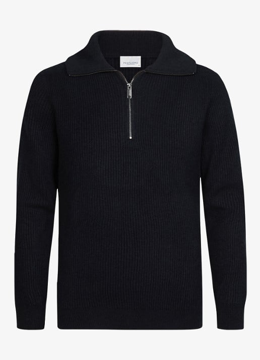 Profuomo Ribgebreide trui van wol met halve rits - voorkant 4 donkerblauw