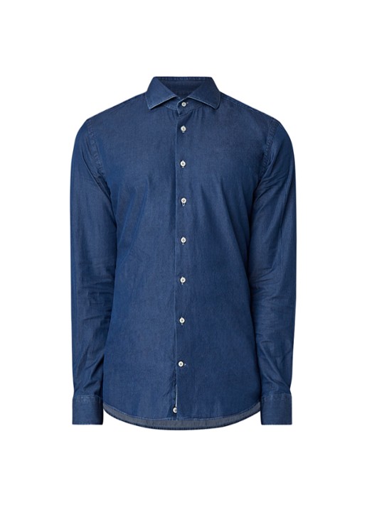 Profuomo Slim fit chambray overhemd met garment dye - voorkant 3 indigo
