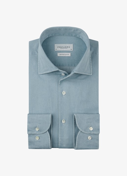 Profuomo Slim fit denim shirt met one piece kraag - voorkant 4 blauw