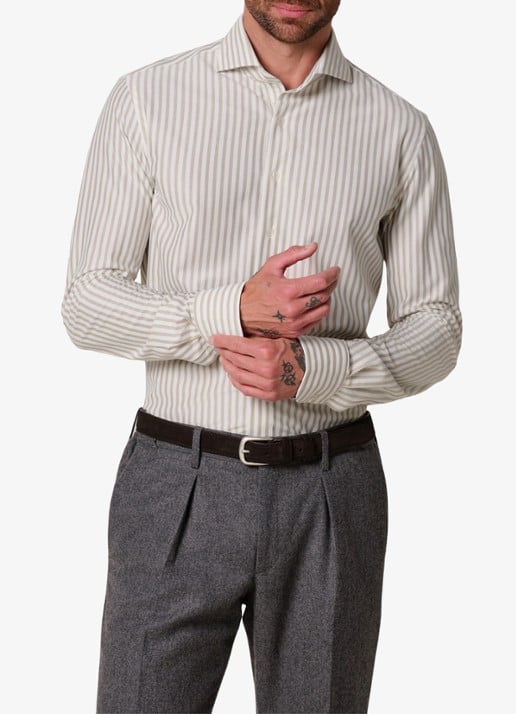 Profuomo Slim fit Japanese knitted shirt overhemd met streepprint - detail 4 beige