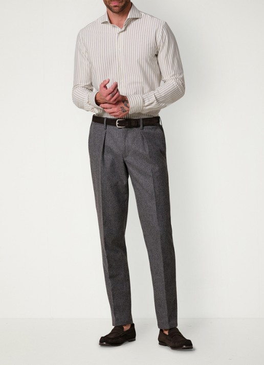 Profuomo Slim fit Japanese knitted shirt overhemd met streepprint - voorkant 2 beige