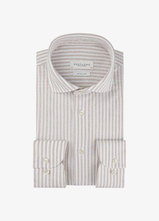 Profuomo Slim fit overhemd in linnenblend met streepprint - voorkant beige