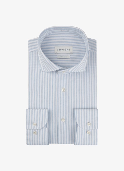 Profuomo Slim fit overhemd in linnenblend met streepprint - voorkant blauw