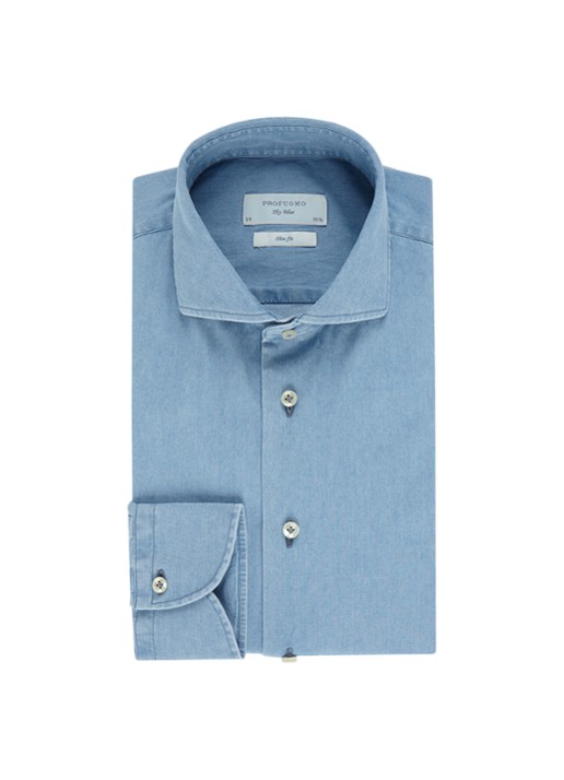 Profuomo Slim fit overhemd met denim look - voorkant 2 indigo